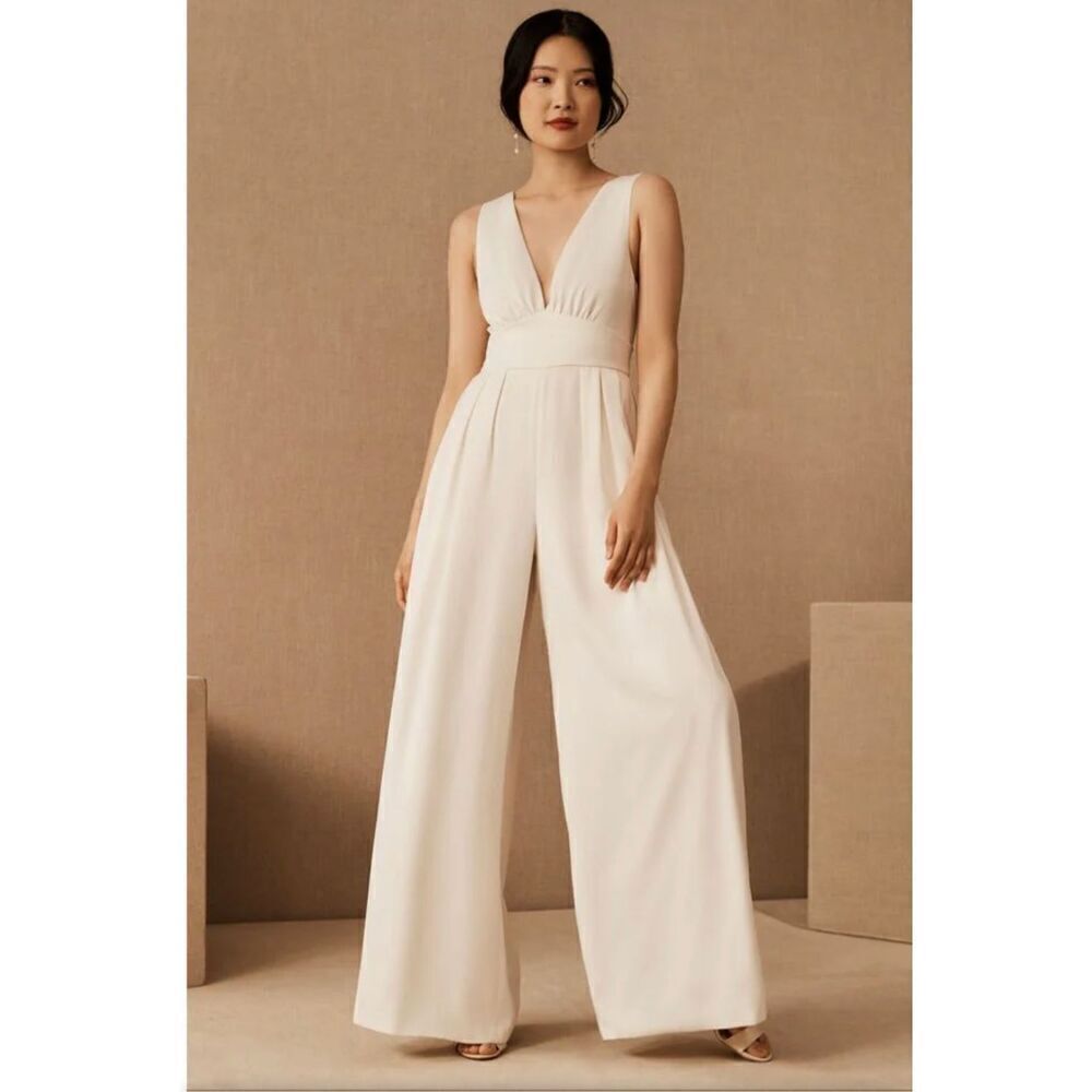 Sachin + Babi Ivory Deep-V Wide-Leg Jumpsuit